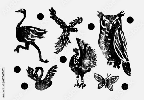 Set of abstract wild animals. Jungle, Forest bird. Ostrich, eagle, owl, swan, rooster, butterfly. Set of contemporary asian art print templates. Ink animals vector illustration. © zhu