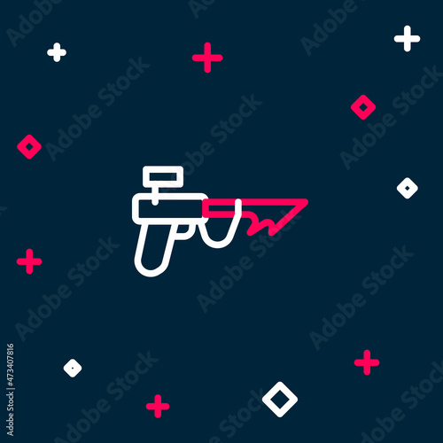Line Fishing harpoon icon isolated on blue background. Fishery manufacturers for catching fish under water. Diving underwater equipment. Colorful outline concept. Vector