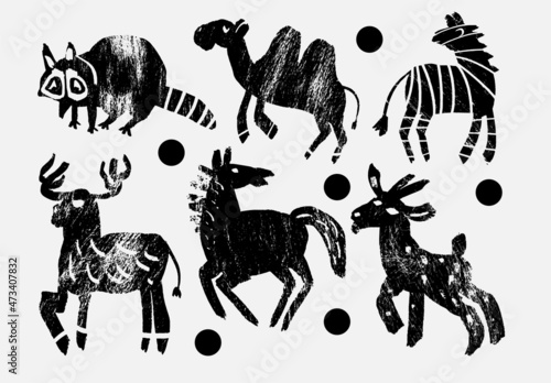 Set of abstract wild animals. Jungle  Forest bird. Raccoon  camel  zebra  elk  horse  goat. Set of contemporary asian art print templates. Ink animals vector illustration.