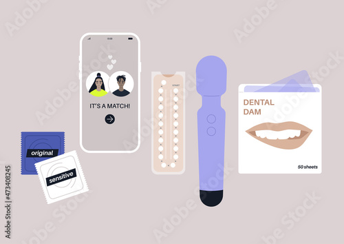 Sex related collection of objects, a dating app, a silicon vibrator, a pack of latex dental dam sheets, birth control sheets and condoms