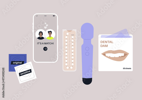 Sex related collection of objects, a dating app, a silicon vibrator, a pack of latex dental dam sheets, birth control sheets and condoms