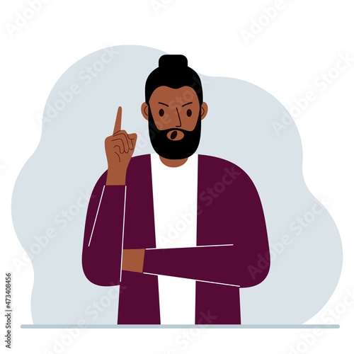 Screaming man holding his index finger up. Vector