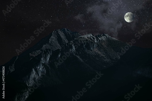 Ice peak in the night with stars and moon, High Tatra, view from Poland, isolated on white