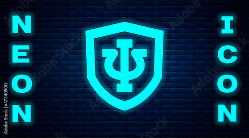 Glowing neon Psychology icon isolated on brick wall background. Psi symbol. Mental health concept, psychoanalysis analysis and psychotherapy. Vector
