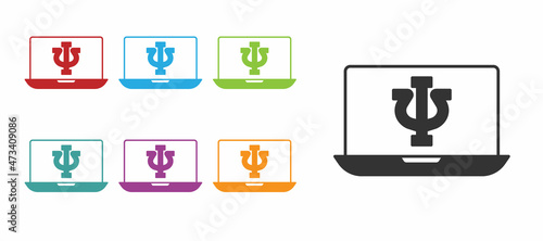 Black Online psychological counseling distance icon isolated on white background. Psychotherapy, psychological help, psychiatrist online consulting. Set icons colorful. Vector