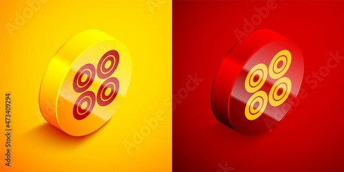 Isometric Skateboard wheel icon isolated on orange and red background. Skate wheel. Circle button. Vector