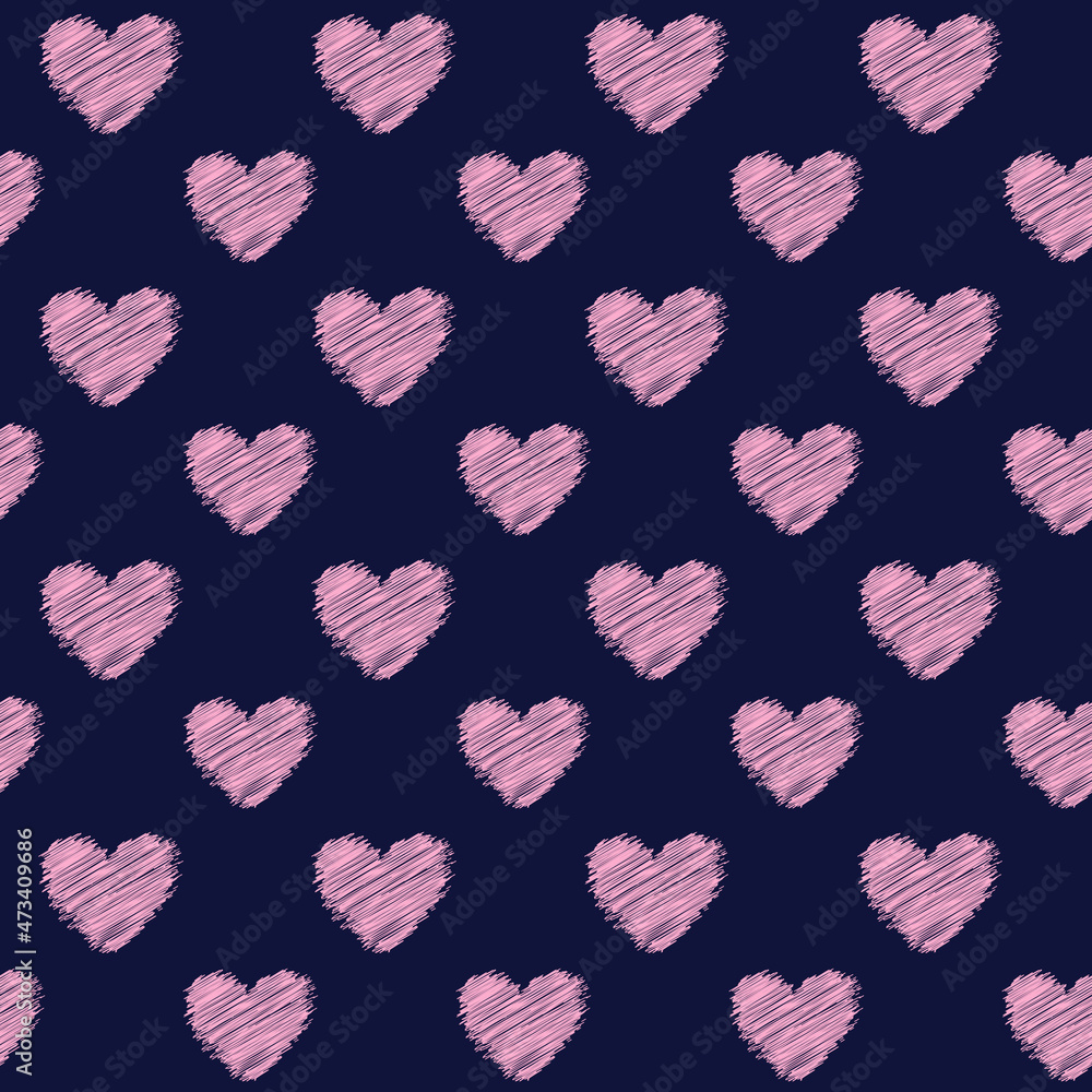 Cute scribbled pink hearts seamless repeat pattern background. Romantic vector love sign all over surface print.