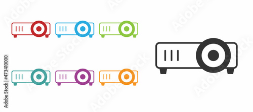 Black Presentation, movie, film, media projector icon isolated on white background. Set icons colorful. Vector