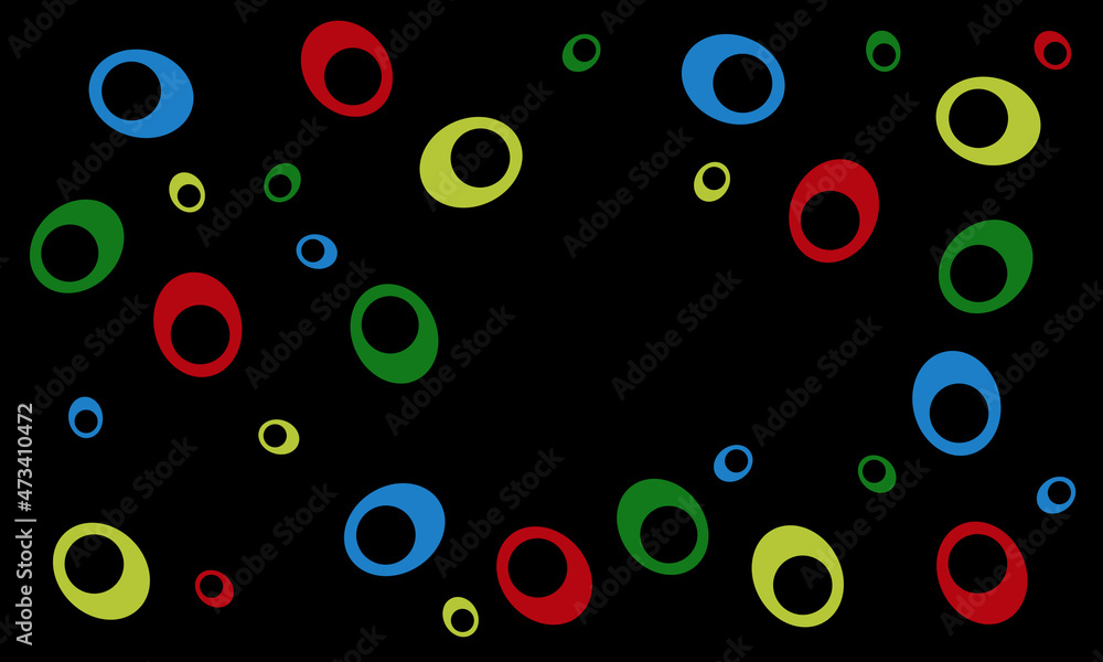 Large and small ellipses red, green, yellow and blue with a circular hole on a black background.Abstract tech graphic banner design