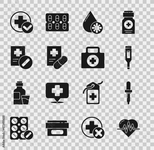 Set Heart rate, Pipette, Medical digital thermometer, Blood test and virus, prescription, Cross hospital medical and First aid kit icon. Vector