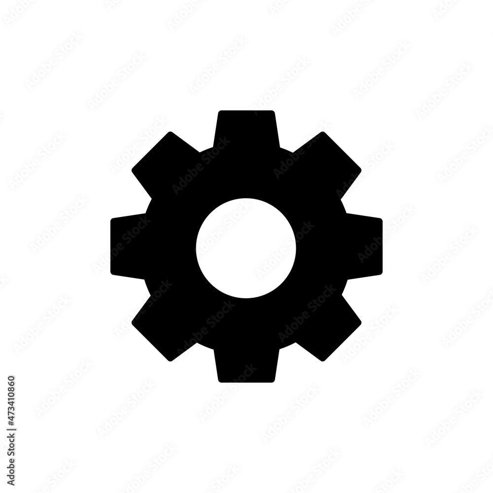 Gear icon solid black, flat style, isolated on white background. Work concept. Mechanism outline logo. Machine symbol. For app, graphic design, Web, site, UI, ux. Vector EPS 10