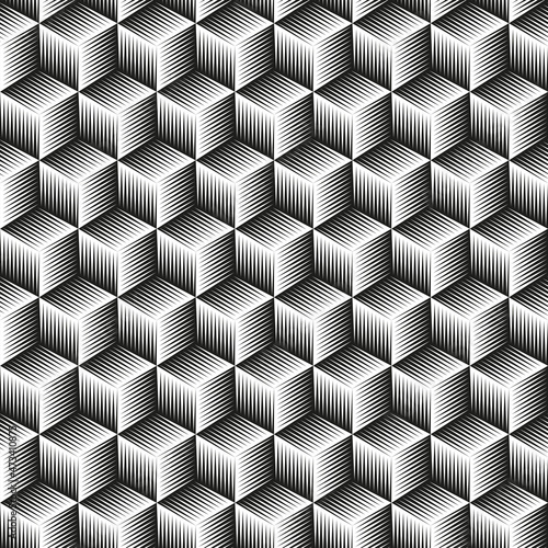 Seamless cube pattern woodcut effect background.