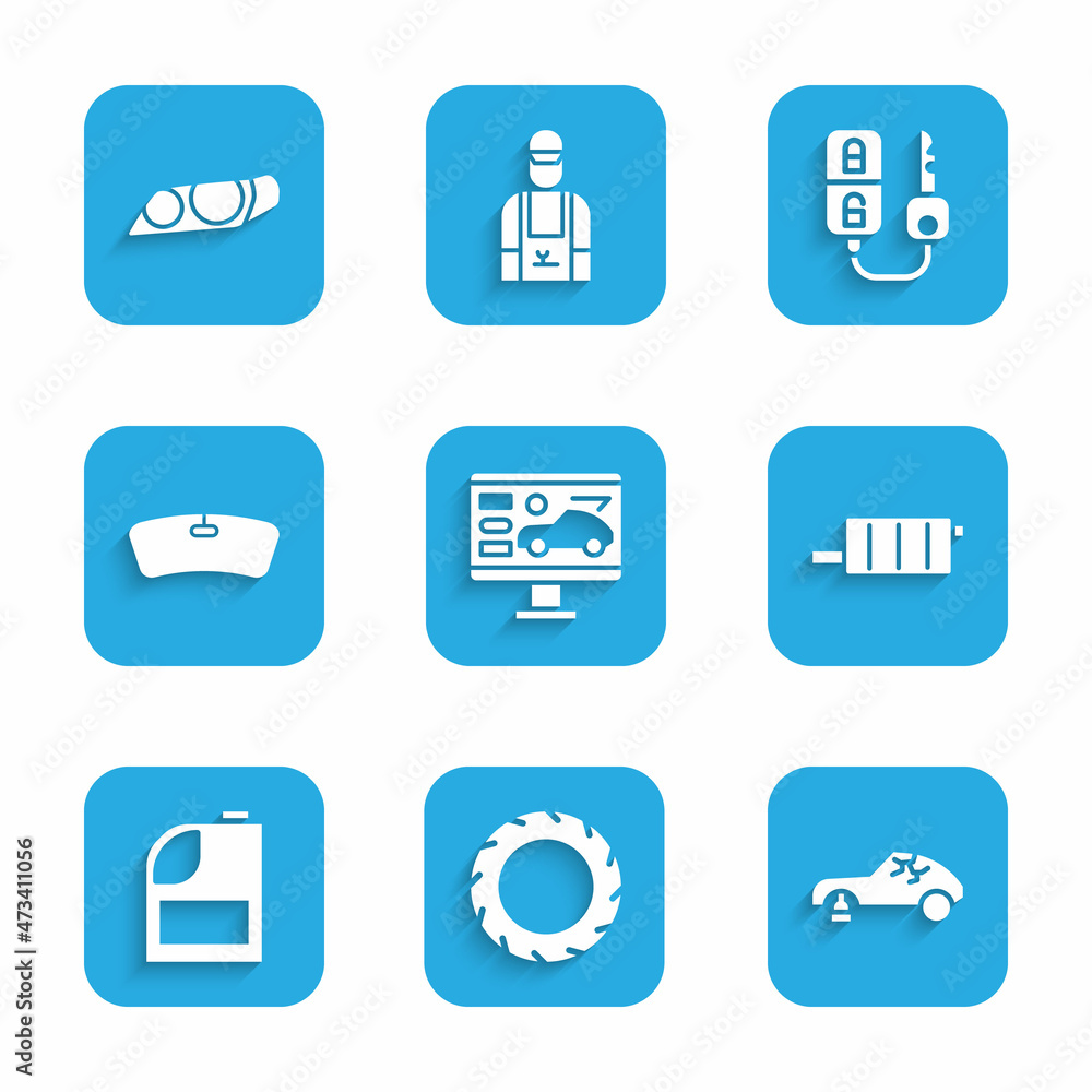 Set Diagnostics condition of car, Car tire wheel, Broken, muffler, Canister for motor machine oil, Windshield, key with remote and headlight icon. Vector Set Diagnostics condition of car, Car tire wheel, Broken, muffler, Canister for motor machine oil, Windshield, key with remote and headlight icon. Vector