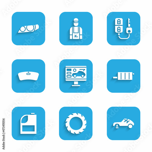 Set Diagnostics condition of car, Car tire wheel, Broken, muffler, Canister for motor machine oil, Windshield, key with remote and headlight icon. Vector