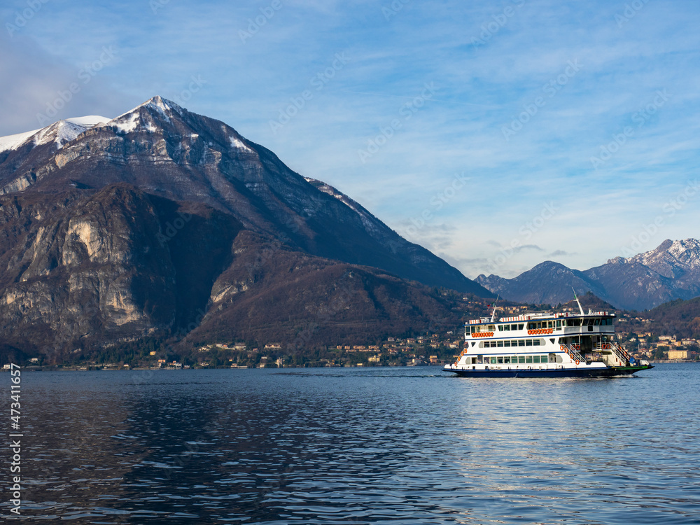 Ferry on Lake Como in a winter morning