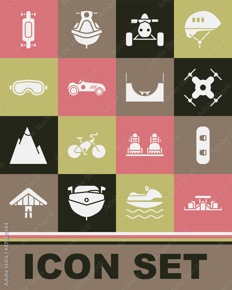 Set Formula 1 racing car, Snowboard, Drone flying, ATV motorcycle, Vintage sport, Ski goggles, Longboard skateboard and Skate park icon. Vector Set Formula 1 racing car, Snowboard, Drone flying, ATV motorcycle, Vintage sport, Ski goggles, Longboard skateboard and Skate park icon. Vector