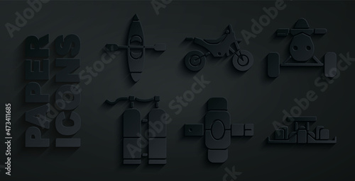 Set Knee pads, ATV motorcycle, Aqualung, Formula 1 racing car, Mountain bike and Kayak canoe icon. Vector