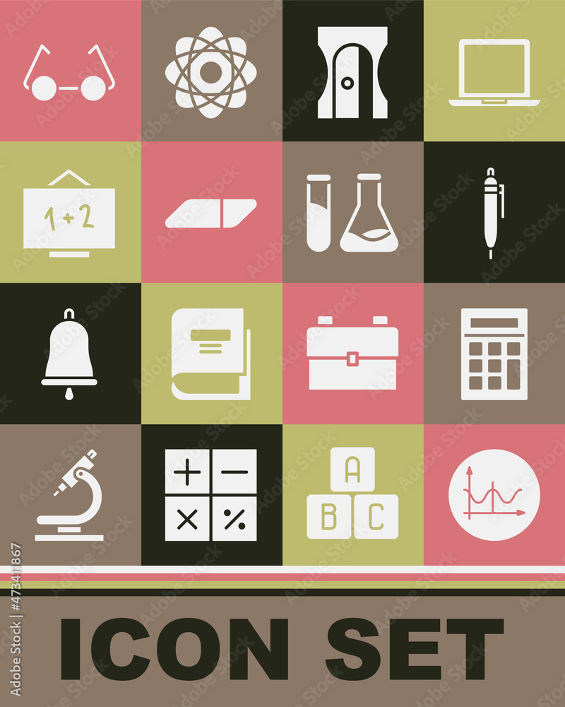 Set Graph, schedule, chart, diagram, Calculator, Pen, Pencil sharpener, Eraser rubber, Chalkboard, Glasses and Test tube and flask icon. Vector Set Graph, schedule, chart, diagram, Calculator, Pen, Pencil sharpener, Eraser rubber, Chalkboard, Glasses and Test tube and flask icon. Vector