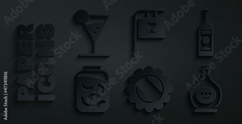Set Bottle cap, Glass bottle of vodka, Pickled cucumbers in jar, cognac or brandy, Street signboard with Bar and Martini glass icon. Vector
