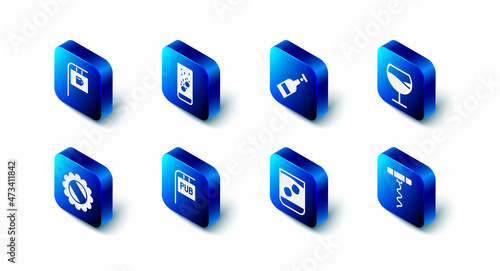 Set Effervescent tablets in water, Opened bottle of wine, Wine glass, corkscrew, Glass whiskey, Street signboard with Pub, Bottle cap and Bar icon. Vector