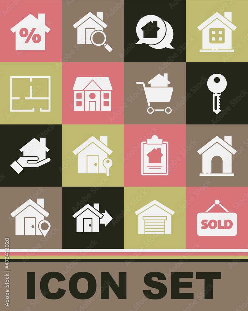 Set Hanging sign with text Sold, House, key, Real estate message house, plan, percant discount and Shopping cart icon. Vector Set Hanging sign with text Sold, House, key, Real estate message house, plan, percant discount and Shopping cart icon. Vector