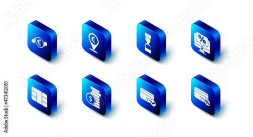 Set Cash location, Old hourglass, Percent discount and monitor, Discount card with percent, Credit, Coin money dollar, chip and Financial growth euro coin icon. Vector