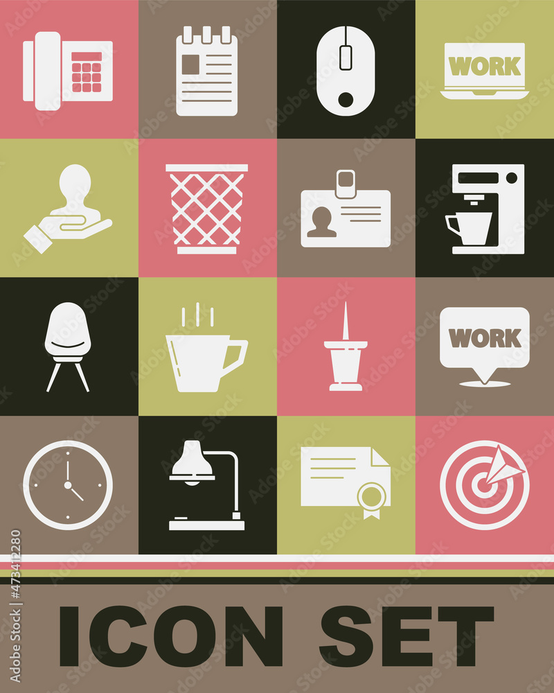 Set Target sport, Location with text work, Coffee machine, Computer mouse, Trash can, Hand for search people, Telephone and Identification badge icon. Vector Set Target sport, Location with text work, Coffee machine, Computer mouse, Trash can, Hand for search people, Telephone and Identification badge icon. Vector