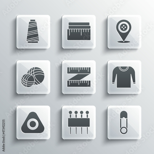 Set Needle for sewing, Safety pin, Sweater, Tape measure, Sewing chalk, Yarn ball, thread and Location tailor shop icon. Vector