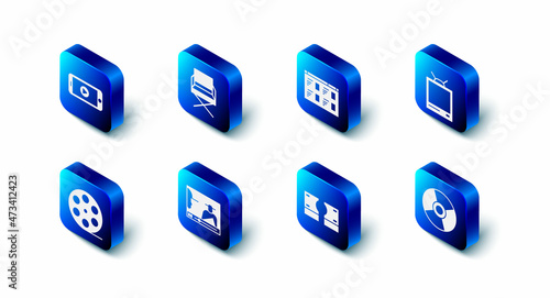Set Director movie chair, Online play video, Retro tv, CD DVD disk, Stacks paper money cash, Film reel and icon. Vector