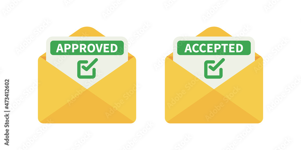 Accepted and Approved email letter. Vector approval notification icons Accepted and Approved email letter. Vector approval notification icons