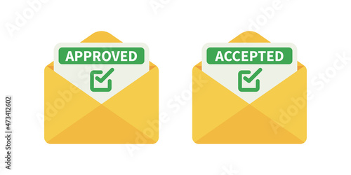 Accepted and Approved email letter. Vector approval notification icons
