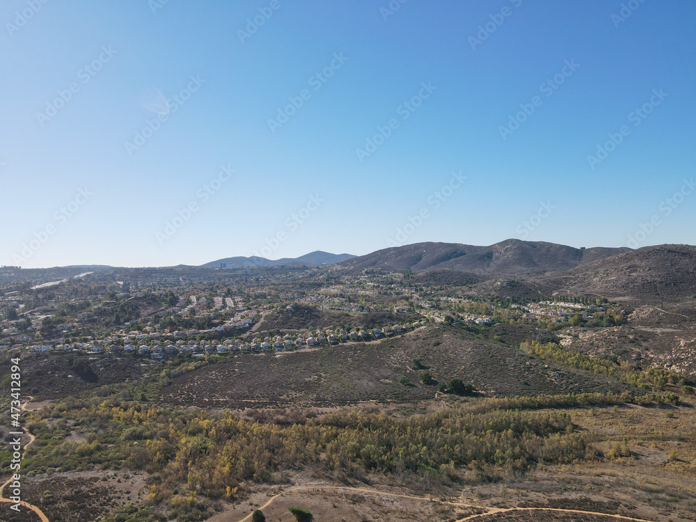 Aerial view of Bernardo Mountain in San Diego County during blue day, California, USA