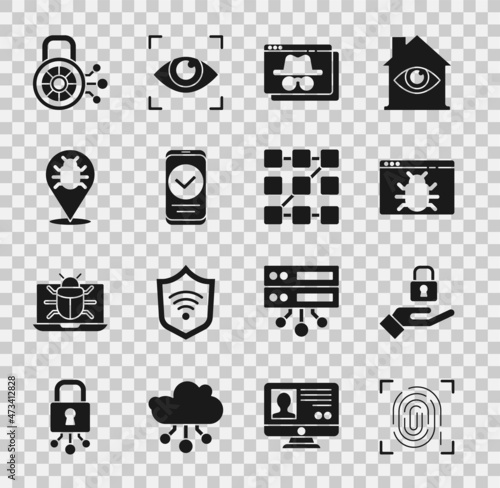 Set Fingerprint, Lock hand, System bug, Browser incognito window, Smartphone, Cyber security and Graphic password protection icon. Vector