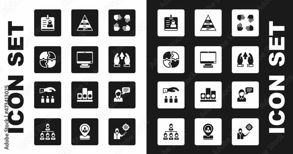 Set Project team base, Computer monitor, Piece of puzzle, Identification badge, Growth chart and progress, Pyramid infographics, Speech bubble chat and Boss with employee icon. Vector Set Project team base, Computer monitor, Piece of puzzle, Identification badge, Growth chart and progress, Pyramid infographics, Speech bubble chat and Boss with employee icon. Vector