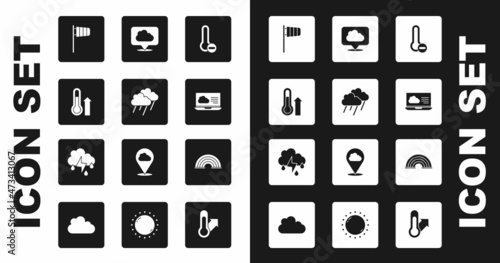 Set Meteorology thermometer, Cloud with rain, Cone windsock wind vane, Weather forecast, Location cloud, Rainbow and and lightning icon. Vector