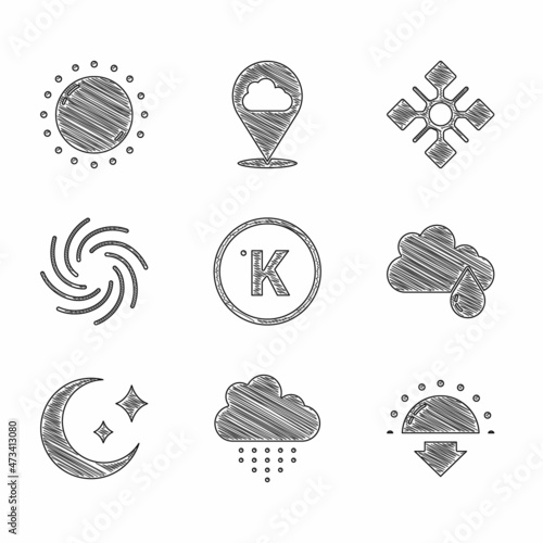 Set Kelvin, Cloud with rain, Sunset, Moon and stars, Tornado, Snowflake and icon. Vector
