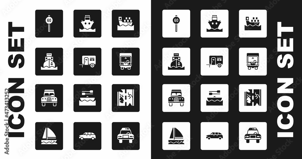 Set Cargo ship with boxes, Rv Camping trailer, Speed limit traffic, Delivery cargo truck, Broken road and icon. Vector Set Cargo ship with boxes, Rv Camping trailer, Speed limit traffic, Delivery cargo truck, Broken road and icon. Vector