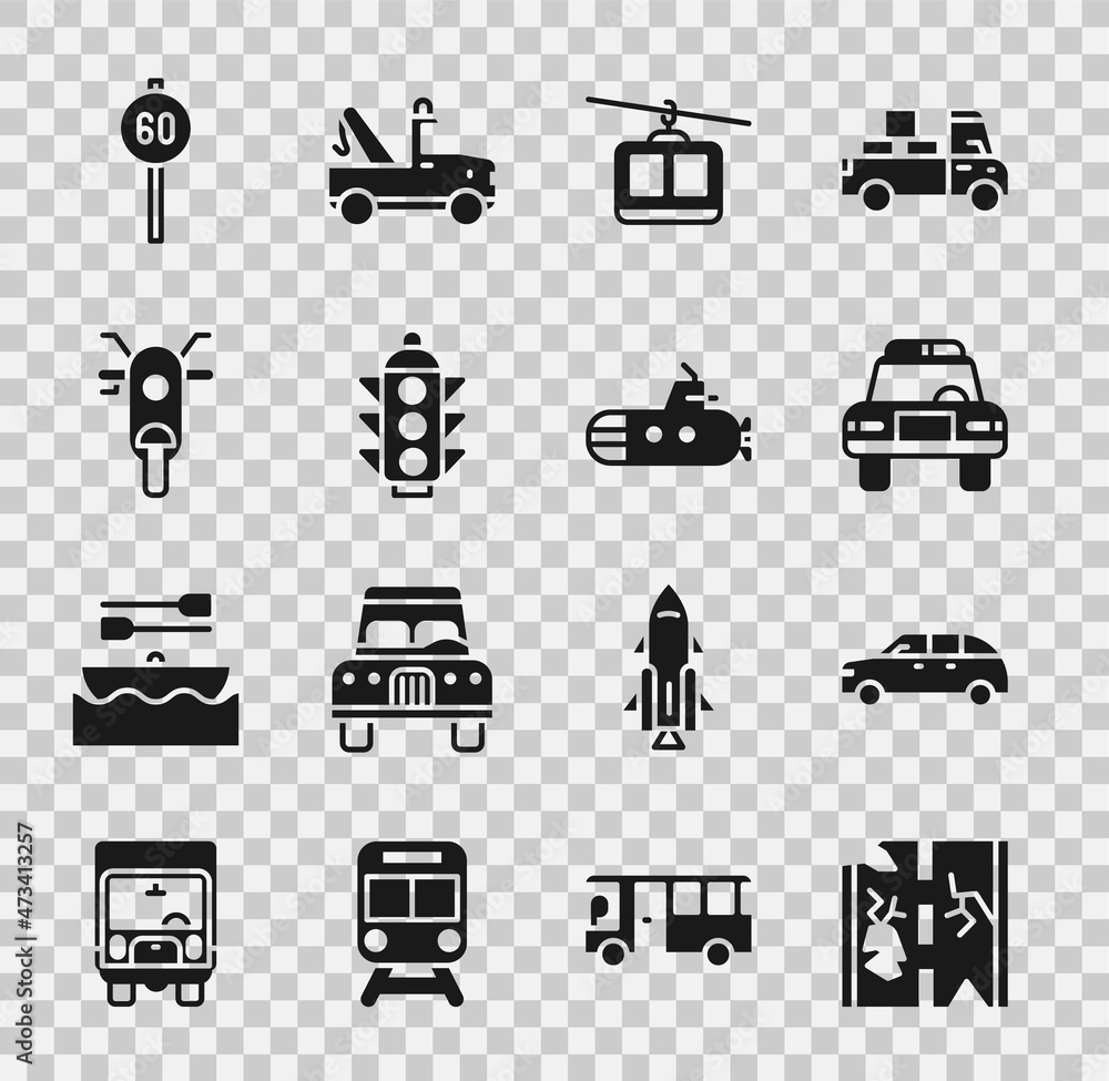 Set Broken road, Hatchback car, Police and flasher, Cable, Traffic light, Scooter, Speed limit traffic and Submarine icon. Vector Set Broken road, Hatchback car, Police and flasher, Cable, Traffic light, Scooter, Speed limit traffic and Submarine icon. Vector
