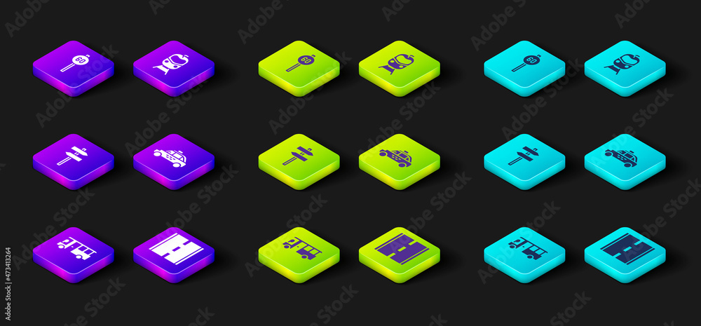 Set Bus, Road, traffic signpost, Taxi car, Train and railway and Speed limit icon. Vector Set Bus, Road, traffic signpost, Taxi car, Train and railway and Speed limit icon. Vector