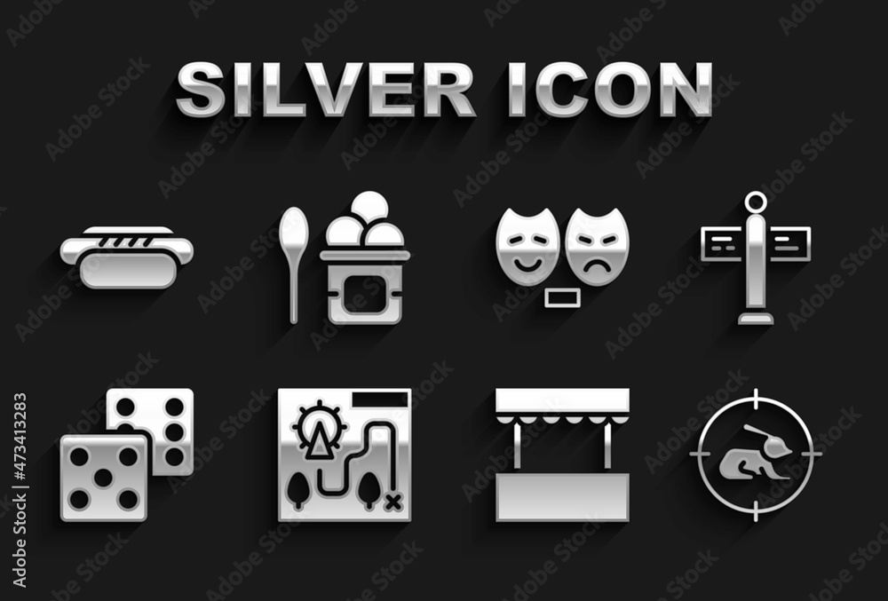 Set Amusement park map, Road traffic signpost, Hunt on rabbit with crosshairs, Ticket box office, Game dice, Comedy and tragedy masks, Hotdog and Ice cream in bowl icon. Vector Set Amusement park map, Road traffic signpost, Hunt on rabbit with crosshairs, Ticket box office, Game dice, Comedy and tragedy masks, Hotdog and Ice cream in bowl icon. Vector
