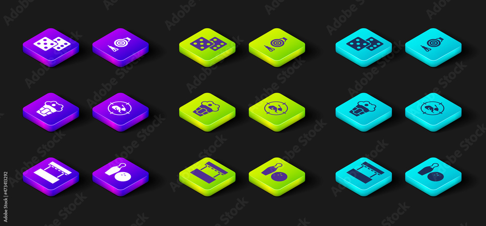 Set Ticket box office, Bowling pin and ball, Popcorn, Hunt on rabbit with crosshairs, Classic dart board arrow and Game dice icon. Vector Set Ticket box office, Bowling pin and ball, Popcorn, Hunt on rabbit with crosshairs, Classic dart board arrow and Game dice icon. Vector