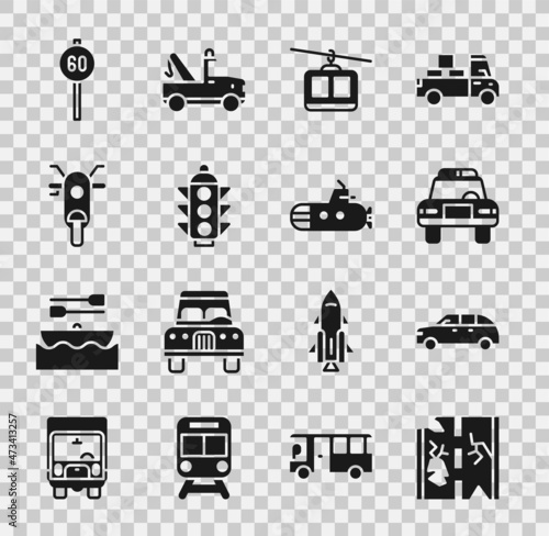 Set Broken road, Hatchback car, Police and flasher, Cable, Traffic light, Scooter, Speed limit traffic and Submarine icon. Vector