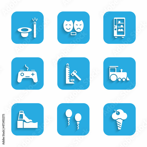 Set Striker attraction with hammer, Balloons, Ice cream in waffle cone, Toy train, Water slide, Gamepad, Vending machine and Magic hat and wand icon. Vector
