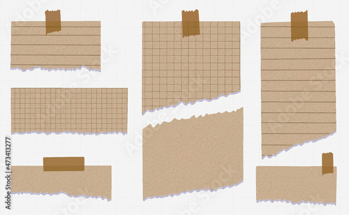 Realistic watercolor blank brown paper sheets on different shape and size stuck with tape