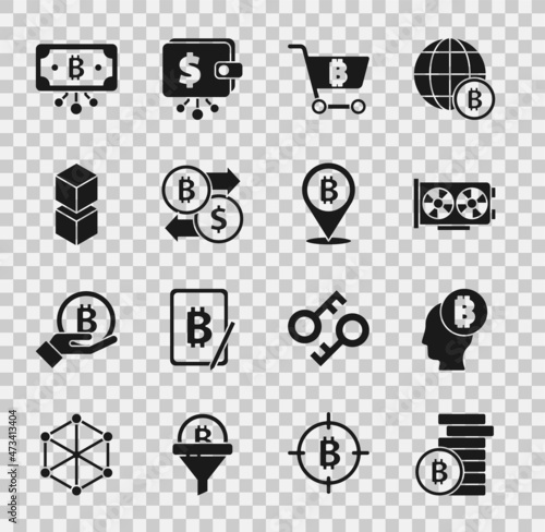 Set Bitcoin, think, Video graphic card, Shopping cart with bitcoin, Cryptocurrency exchange, Blockchain technology, circuit and icon. Vector