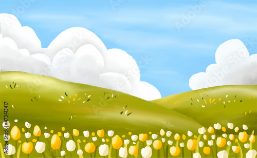 Mountains scenery landscape with flower garden background illustration