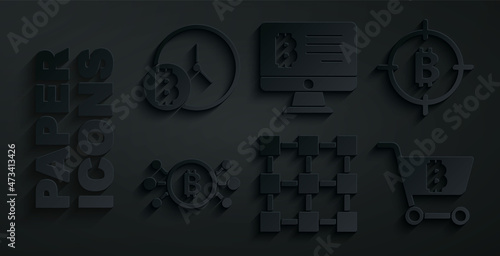 Set Blockchain technology, Bitcoin the target, circuit, Shopping cart with bitcoin, Mining from monitor and clock icon. Vector
