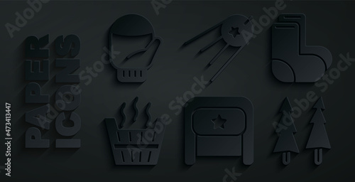 Set Ushanka, Valenki, Sauna bucket, Christmas tree, Satellite and mitten icon. Vector