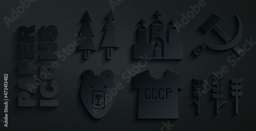 Set USSR t-shirt, Hammer and sickle, Bear head, Wheat, Church building and Christmas tree icon. Vector