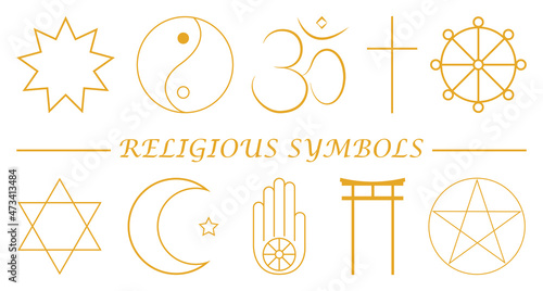 Set of religious symbol world. Isolated icon christian cross, islam crescent and star, wheel of dharma, star of David, jainism hand, torii gate. Vector illustration on white background. Line art